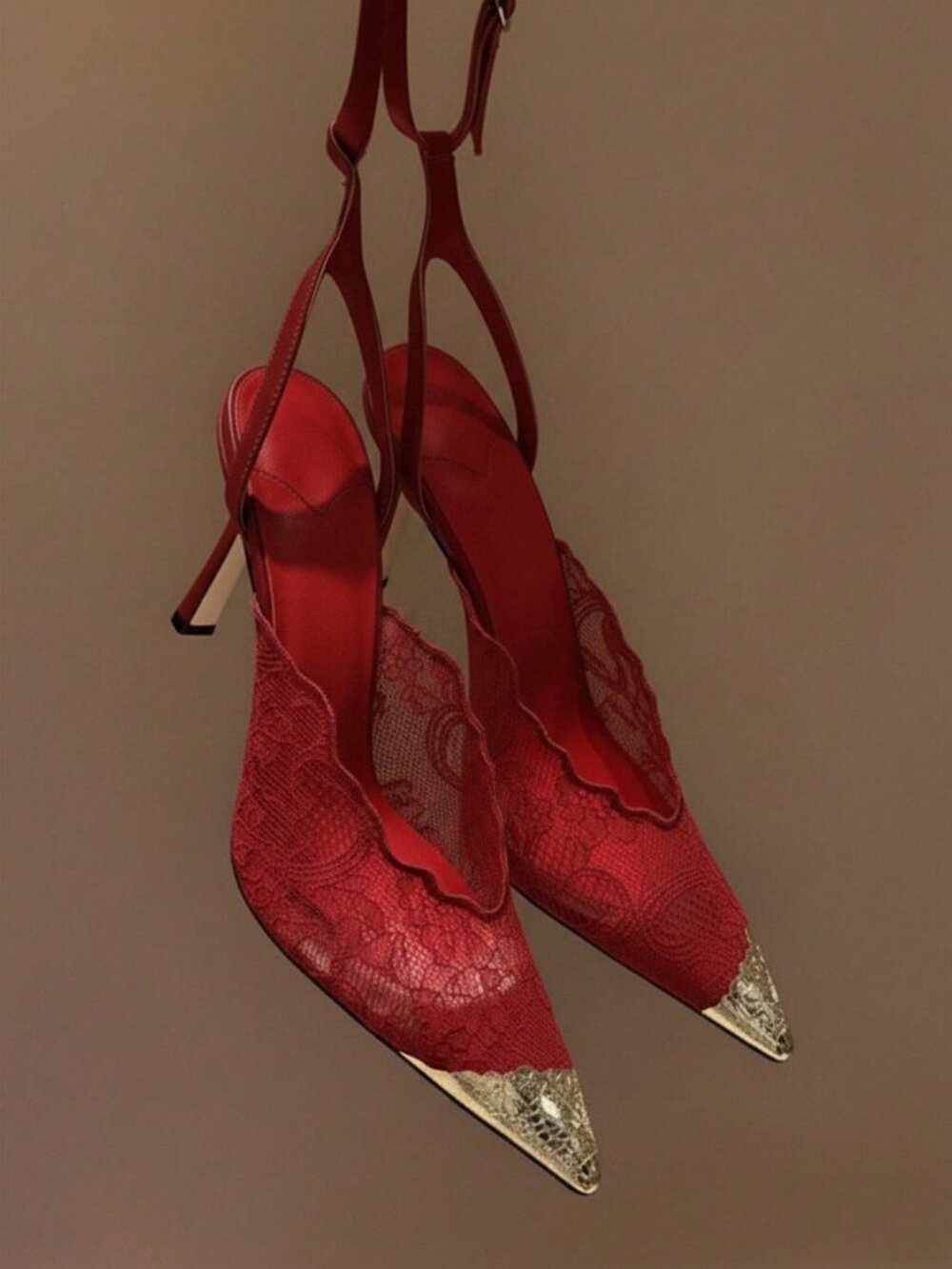 Red Fashionable Women's Lace Pointed Toe Stiletto Heel